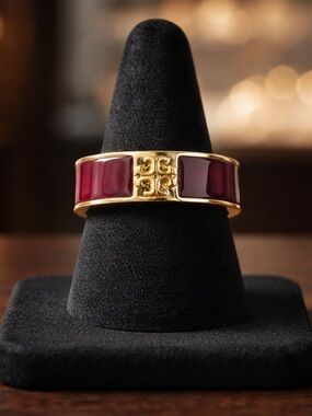 Tory Burch Gold-Tone Ring with Burgundy Enamel Panels